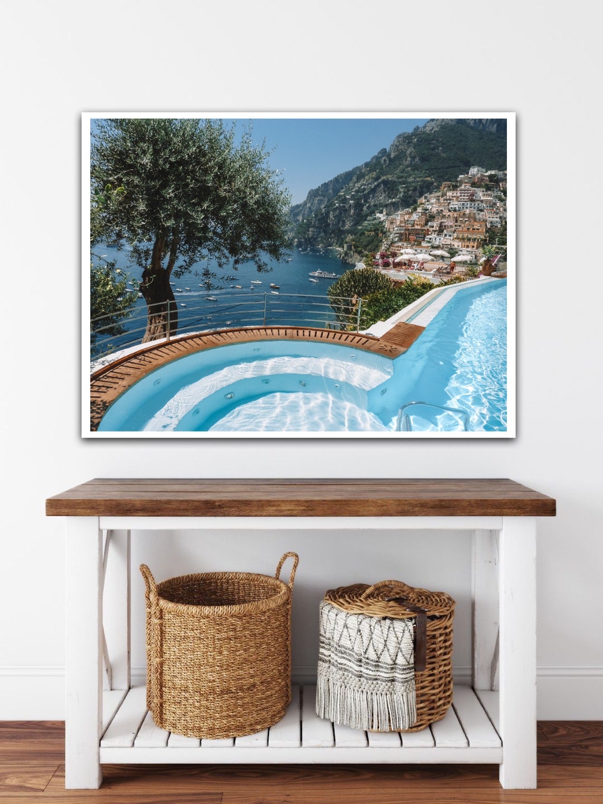 A Euro summer poolside or seaside in Positano and Atrani, Amalfi Coast Italy. Best hotel infinity pool and view in Positano Amalfi Coast