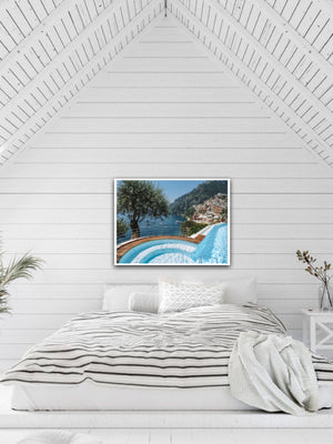 A Euro summer poolside or seaside in Positano, Amalfi Coast Italy. Best hotel infinity pool and view in Positano