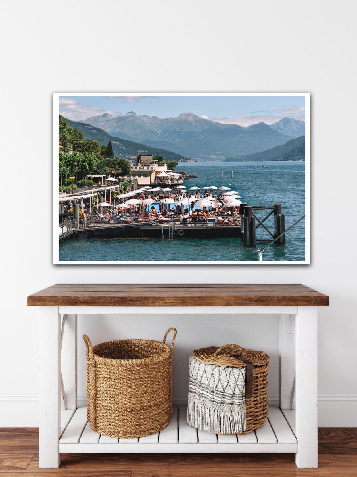 Floating pool and beach club at Griante,  Lake Como. It is one of the most popular swimming spots on Lake Como or Italians on their summer vacation. Interior design home decor Fine Art Photographic Print.