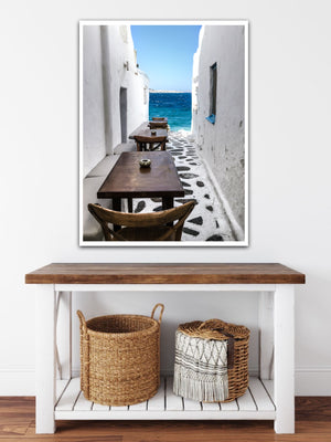 Greek Islands Kastros Mykonos. A seaside waterfront restaurant with a view. Best spots in Mykonos