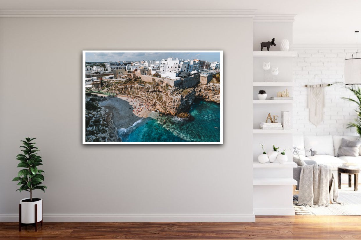 Secret beaches and hidden gems in Puglia, Southern Italy.  Fine Art Print of Polignano Al Mare, one of Italy's most popular and best beaches.