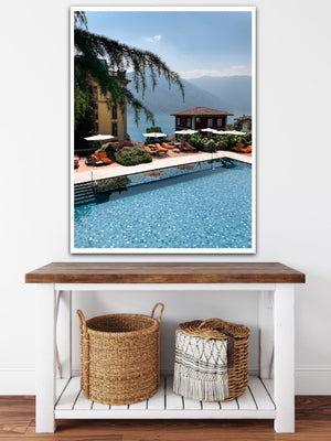 A European summer lakeside at the Grand Hotel Tremezzo Lake Como.  Slim Aarons and celebrity lifestyle poolside. La Dolce Vita