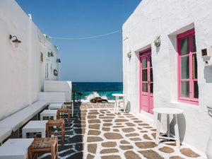 Pretty Alley and seaside bar and restaurant in Naoussa Paros Greek islands.  Best restaurant and Bar in Paros.