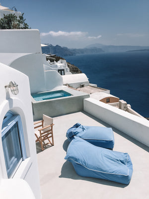 Private Villa in Oia Santorini , Greek Islands with uninterrupted views of the caldera and most popular tourist spot of the blue dome churches